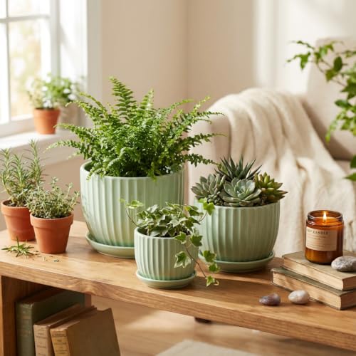 Flower Pots,Ceramic Plant Pots with Drainage Holes Set of 3（Light Green） - color: Light Green