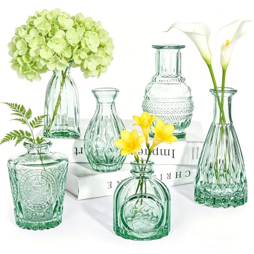 SUPMIND 6pcs Glass Bud Vase Bulk, Small Green Flower Vases for Centerpieces - color: Green