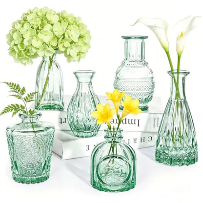 SUPMIND 6pcs Glass Bud Vase Bulk, Small Green Flower Vases for Centerpieces - color: Green