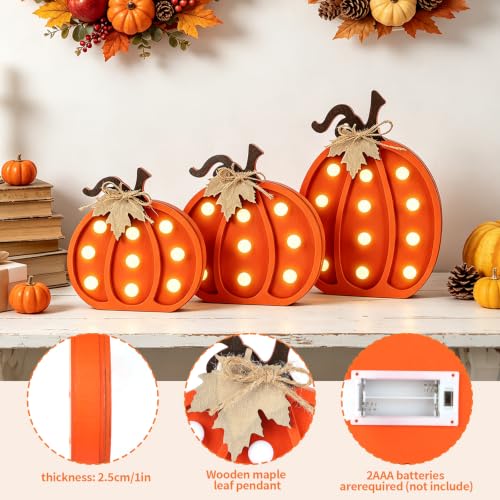 Fangoo 3Pcs Wooden Fall Pumpkins Light Up Table Centerpieces Decor