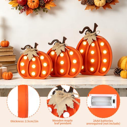 Fangoo 3Pcs Wooden Fall Pumpkins Light Up Table Centerpieces Decor