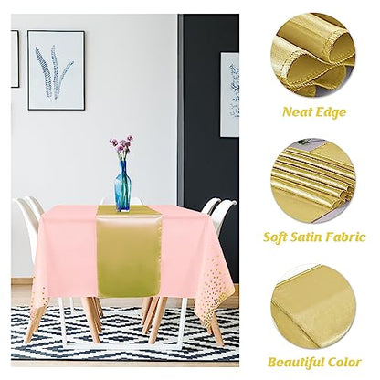 8Pack Disposable Plastic Tablecloths and Satin Table Runner Set Pink and Gold Dot Tablecloth Gold Satin Table Runner for Wedding Birthday Baby Shower Anniversary Christmas New Year Party Supplies - color: Pink and Gold, size: 8 Pack