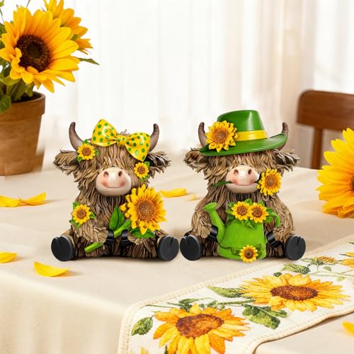 2 Pcs Resin Highland Cow Figurine Decor, Brigh Sunflower Style - style: Bright Sunflower