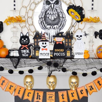 Halloween Decorations Indoor, DECSPAS 4 PCS Wood Blocks Halloween Table Decor, Ghost Black Cat Skull Witch Gothic Tabletop Ornaments, Hocus Pocus Decorations for Home, Tiered Tray, Shelf, Mantel - style: Halloween - Ghost, Cat, Skull, Witch
