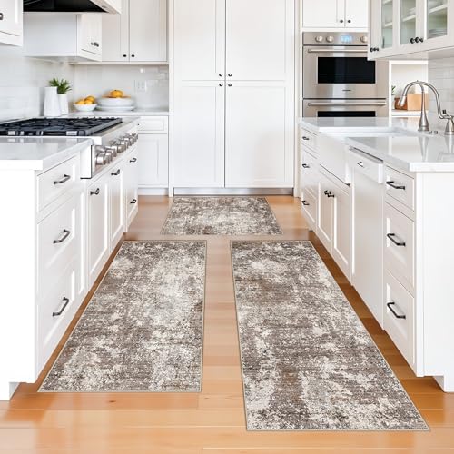 3-Piece Kitchen Rug Set with Runner – Non-Slip Washable Small Kitchen Mats for Floor, Sink & Entryway – Soft Boho Throw Area Rugs for Kitchen Decor (Brown Beige, 2x3+2x4+2x5) - color: Brown Beige, size: 2x3+2x4+2x5