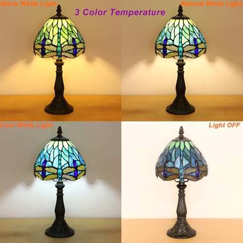 Small Tiffany Lamp 3 Color Temperature Blue Dragonfly Stained Glass Table Lamps 7X7X14 Inch Bedside Nightstand Night Light Desk Office Light for Living Room Bedroom W/LED E12 Bulb - color: Blue Dragonfly 7X7X14Inch