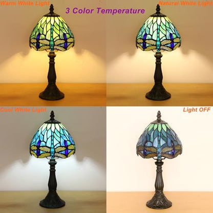Small Tiffany Lamp 3 Color Temperature Blue Dragonfly Stained Glass Table Lamps 7X7X14 Inch Bedside Nightstand Night Light Desk Office Light for Living Room Bedroom W/LED E12 Bulb - color: Blue Dragonfly 7X7X14Inch