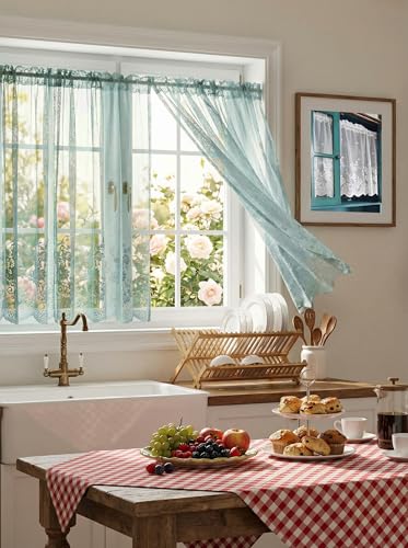 Molaxhome Kitchen Curtains Valance Blue Lace Floral Semi Sheer Curtain - color: Blue-green, size: 29"W x 35"L (Pack of 1)
