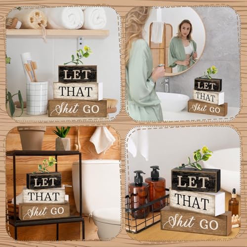 Moucuny 4 Pcs Wooden Block Signs Farmhouse Table Decoration for Bathroom - style: Bathroom