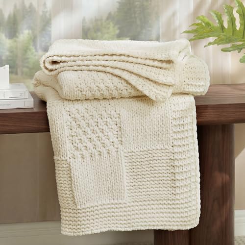 Amélie Home Checkered Chenille Knit Throw Blanket for Couch, Ivory, 50"x60" - color: Checkered Ivory, size: Checkered Knit 50"x60"