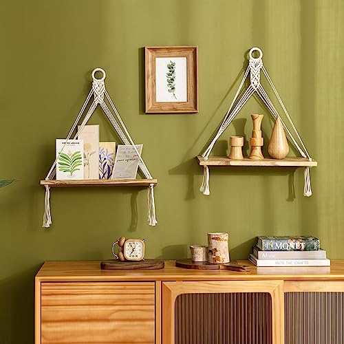 Mkono Macrame Hanging Shelves Boho Wall Decor Set of 2 Floating Wood Shelf - color: White