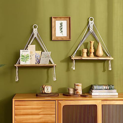 Mkono Macrame Hanging Shelves Boho Wall Decor Set of 2 Floating Wood Shelf - color: White
