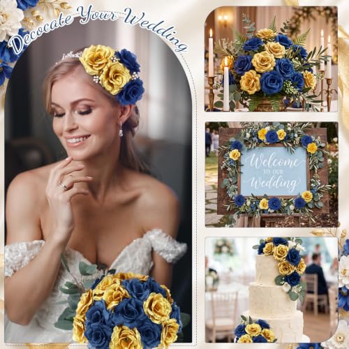Yunlly 100 Pcs Artificial Flower for Wedding, Navy Blue, Gold - color: Navy Blue, Gold