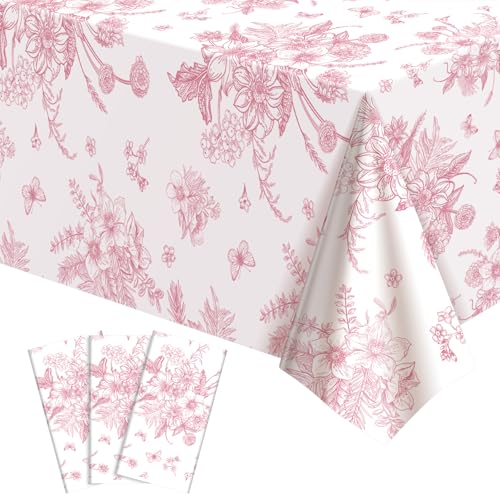 3 Pcs Pink Floral Plastic Tablecloths, Disposable Wedding Table Cloth - color: Pink Floral