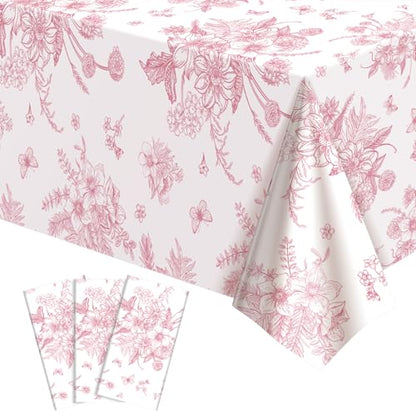 3 Pcs Pink Floral Plastic Tablecloths, Disposable Wedding Table Cloth - color: Pink Floral