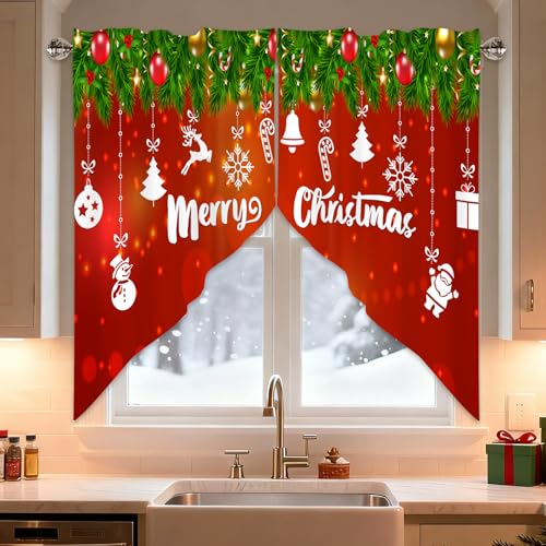 Christmas Green Leaves Winter Swag Curtains 1 Pair, 28x36 in - color: Red 1, size: 28"W x 36"L (Pack of 2)