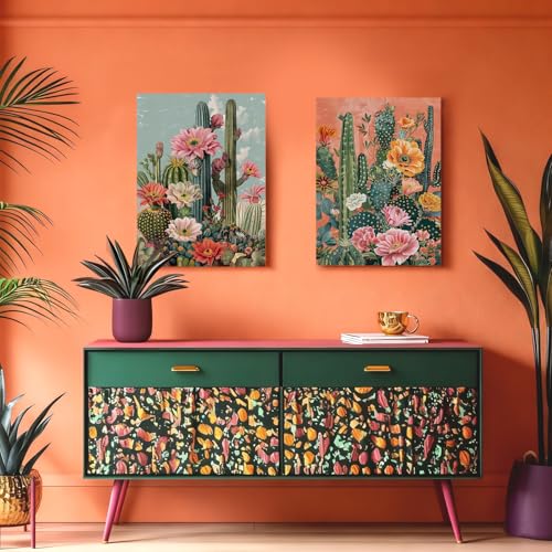 RUMSICH 2Pcs Retro Western Mexican Cactus Canvas Wall Art 16×24 Inch Framed - color: Cactus flower, size: 24"L x 16"W