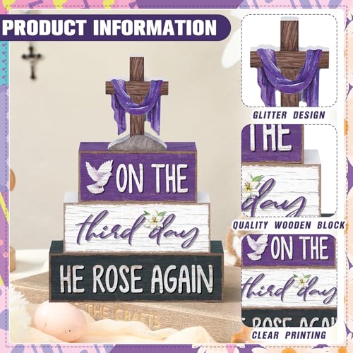 Yousoontic 4 Pcs He Is Risen Easter Tiered Tray Decorations Lent Resurrection Christian Wood Blocks with Cross, Dove, Lily Religious Farmhouse Table Decor for Spring, Holy Week, Easter Display - style: He is Risen