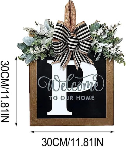 Last Name All Year Round Front Door Wreath with 26 Initial Letter Welcome Sign All Seasons Eucalyptus Garland and Bow ，Farmhouse, Porch, for Spring Summer Fall All Seasons Holiday Halloween Christmas.（P） - color: P