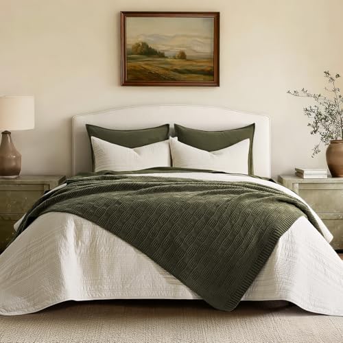 EVERGRACEHOME Modern Checkered Chenille Throw Blanket, 60x80, Olive Green - color: Olive Green, size: 60" X 80"