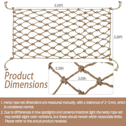 Jute Hemp Rope Net, Heavy Duty Climbing Net, 0.39 in Thick Woven Natural Fiber, 3.3 ft x 6.6 ft Netting, 3.9 in Mesh for Supervised Kids Outdoor Playground, Balcony, Stairs, Garden Decor
