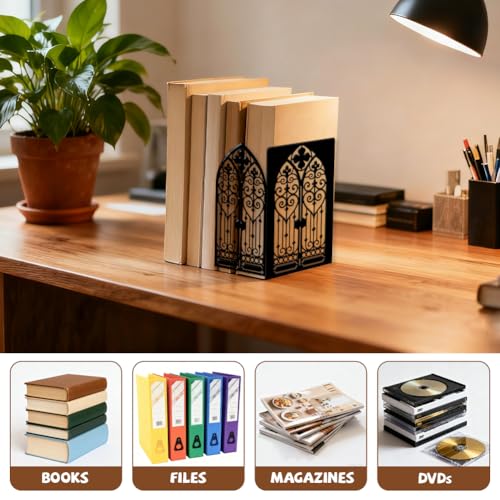 Peacoblue 5.5"x4.3"x8.3" Metal Bookends, Heavy Duty Book Ends for Shelves - style: Gothic Ornate Door