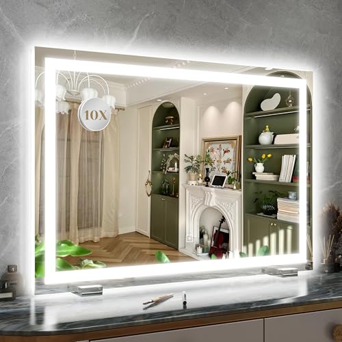 ROLOVE 32x22 Lighted Vanity Mirror, Wall-Mounted, Detachable 10X Magnifier - color: White, size: 22"L x 32"W