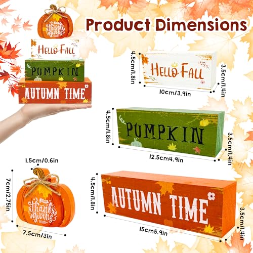 4 Pcs Fall Thanksgiving Decorations for Home,Wooden Pumpkin Signs with Sayings Hello Fall Maple Leaf Block Signs Tiered Tray Tabletop Decor Thanksgiving Decor Indoor for Office Farmhouse Home Kitchen