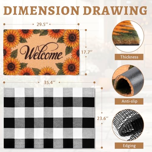 2-Piece Layered Welcome Mat Set - Coir Doormat & Buffalo Plaid Rug - color: Floral Sunflower