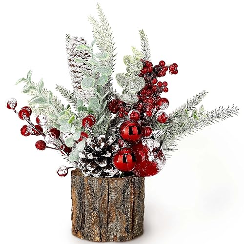 Small Christmas Tree Tabletop Artificial Mini Christmas Tree Decorations with Holiday Ornaments Red Berry Pine Cone Greenery for Home Indoor Fireplace Mantel Xmas Decor (Tree Stump-Red) - color: Tree Stump-red