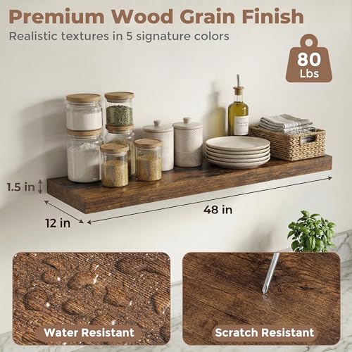 12 inch Deep Floating Shelves for Wall, 48" Wide, Rustic Brown, 2-Pack - color: Rustic Brown, size: 48"w x 12"d, 2p