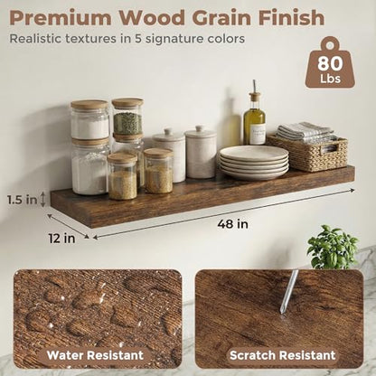 12 inch Deep Floating Shelves for Wall, 48" Wide, Rustic Brown, 2-Pack - color: Rustic Brown, size: 48"w x 12"d, 2p