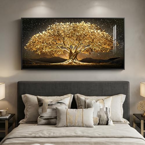 Large Framed Black and Gold Tree of Life Wall Art for Living Room, 60x30 In - color: Black and Gold, size: 60"L x 30"W