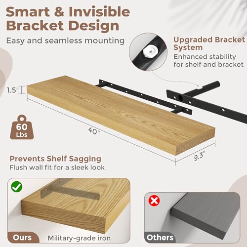 40 Inch Floating Shelves, 9"Deep Wall Shelf, 60 Lbs Capacity, Oak, 2pcs - color: Oak, size: 40"Wx9"Dx1.5"H