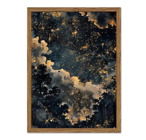 Dark Celestial Wall Art Vintage Stars Painting Wall Decor Maximalist Moody Cloud Landscape Artwork 3D Texture Hand Drawn Sandstone for Academia Bedroom Living Room 12x16 inch Wood Framed - color: Stars b, size: 16"L x 12"W