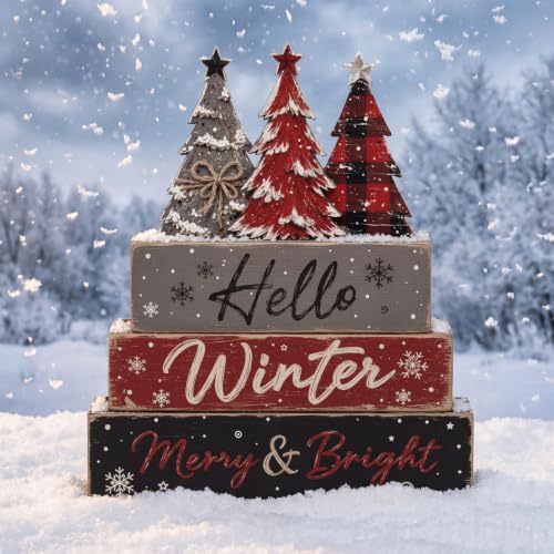 Amyhill 4 Pcs Winter Snowflake Tree Tiered Tray Wooden Table Sign Decor - style: Winter Pine