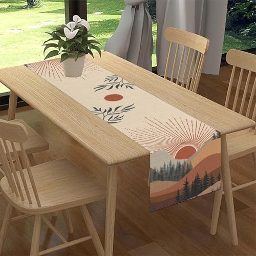 Boho Forest Table Runner, Mid Century Modern Aesthetic Mountains Sunset Nature Tropical Palm Leaves Abstract Art Table Center Decor for Family Kitchen Table Decorations Indoor Outdoor 13x36 inch - color: Boho Leaf-5, size: 13x36" Table Runner