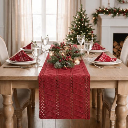Artoid Mode Rose Red Woven Farmhouse Hollow Table Runner 12x36 Inch - color: Rose Red, size: 12" x 36", Table Runner