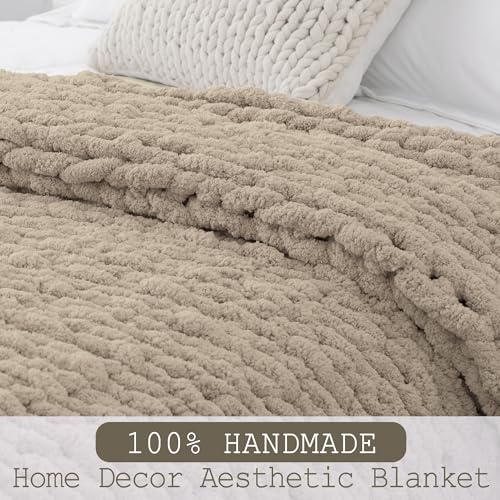 Chunky Knit Throw Blanket 60x80, 100% Handmade Chenille Yarn - color: Taupe, size: 60×80 inch