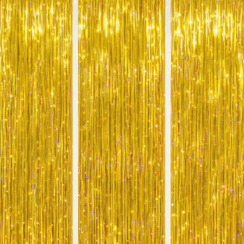 DECOCKRAT 3 Pack Foil Fringe Backdrop - Laser Gold Shiny Tinsel Curtains for Party Decoration/Photo Booth Props - 3.3x8.2 FT Metallic Foil Backdrop for Birthday, Wedding, Graduation, Christmas. - color: Laser Gold