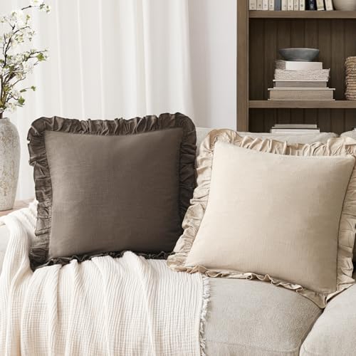 Foindtower Linen Fringe Ruffle Throw Pillow Covers 18×18 Inch Dark Brown - color: Dark Brown, size: 18" x 18" (Pack of 2)