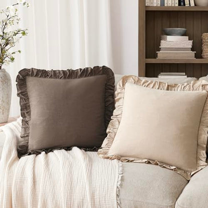 Foindtower Linen Fringe Ruffle Throw Pillow Covers 18×18 Inch Dark Brown - color: Dark Brown, size: 18" x 18" (Pack of 2)