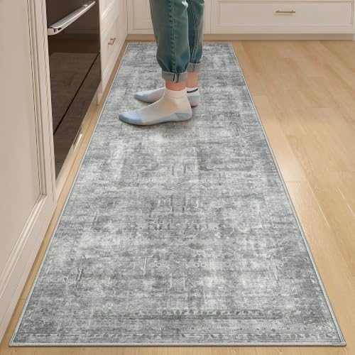 2x8 Washable Runner Rug Grey Vintage Floral for Hallway Kitchen Bedroom - color: Distressed Silver Grey and Ivory, size: 2' x 8' (Rectangular)