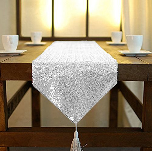 ShinyBeauty 12 by 108 in Wedding Silver Sequin Table Runner with Tassel Party Supplies Silver Sequin Table Runner 108 Inches Long Fall Dining Table Runner - color: Silver, size: 12x108