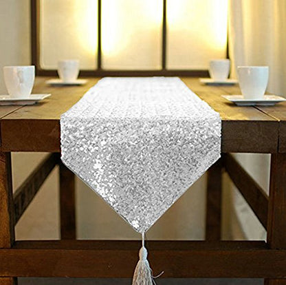 ShinyBeauty 12 by 108 in Wedding Silver Sequin Table Runner with Tassel Party Supplies Silver Sequin Table Runner 108 Inches Long Fall Dining Table Runner - color: Silver, size: 12x108