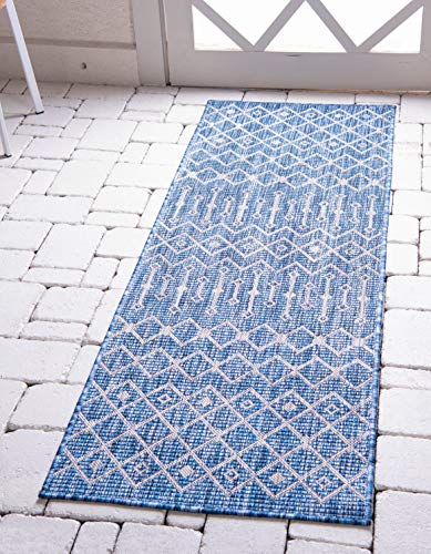 Unique Loom Outdoor Trellis Collection Area Rug - Tribal Trellis (2' x 6' 1" Runner, Blue/ Ivory) - color: Blue/Ivory, size: 2' x 6'1" (Runner)