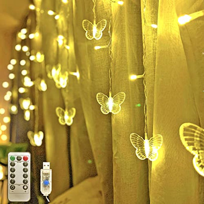 Butterfly Curtain Fairy Lights USB Plug in,8 Modes 120 LED 21FT Firefly Twinkle Timer String Lights with Remote, Waterproof for Bedroom Patio Christmas Wedding Party (Warm White) - color: Warm White