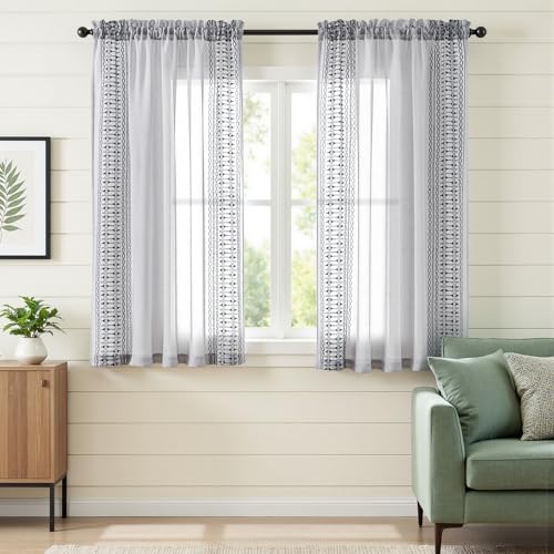 jinchan Floral Linen Sheer Boho Curtains 63 Inch Rod Pocket 2 Panels Gray - color: Boho Grey, size: 55"W x 63"L (Pack of 2)