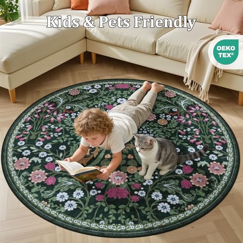 PLHXFR Round Area Rug Living Room: 6 ft Floral Washable Carpet Dark Green - color: Dark Green, size: 6' (Round)