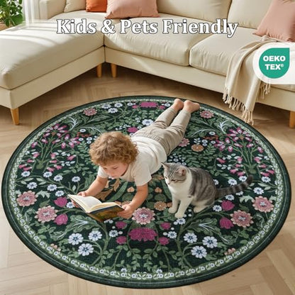 PLHXFR Round Area Rug Living Room: 6 ft Floral Washable Carpet Dark Green - color: Dark Green, size: 6' (Round)